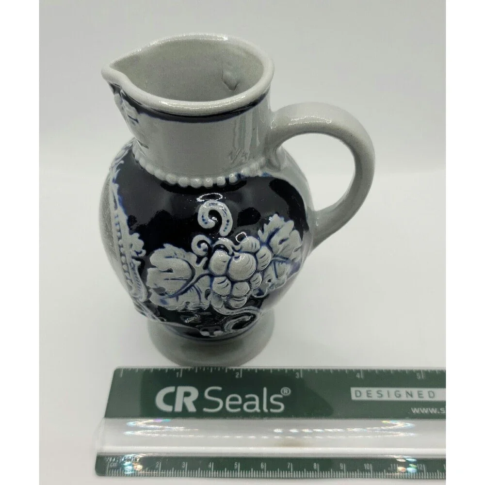 German Small Stoneware Pitcher HandCrafted HandPainted Gray and Cobalt Blue